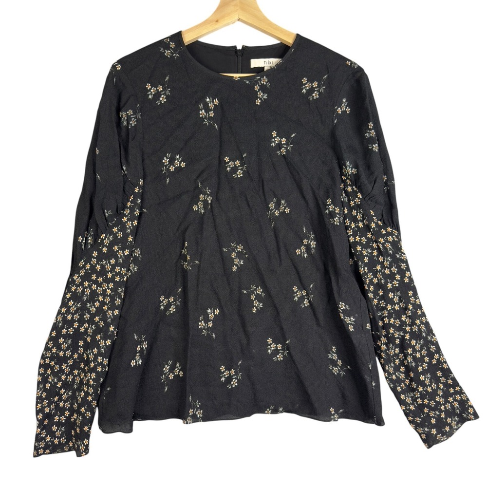 Tibi Shirt Black Floral Print Tunic Blouse women's Size 4 Long sleeve Crew neck